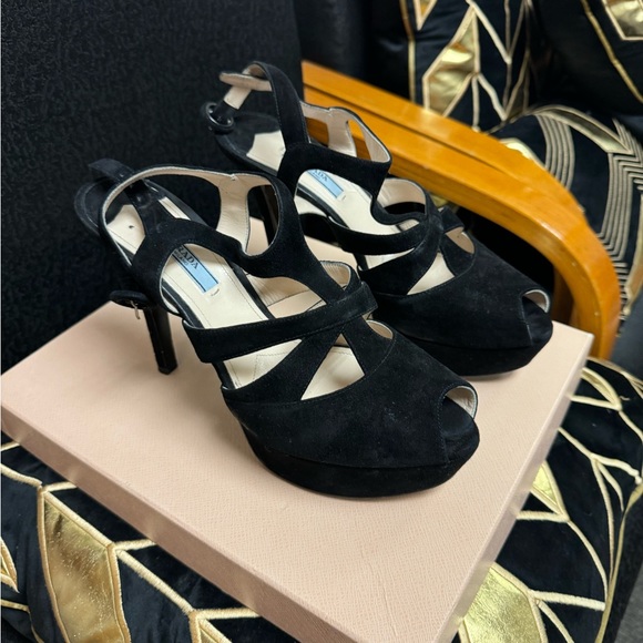 FINAL PRICE Prada Camoscio 2 Black Suede Platform Strappy Heels - Picture 6 of 12